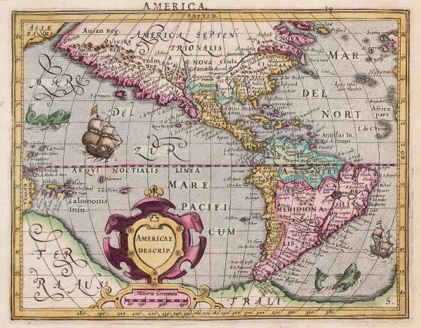 MERCATOR, Gerard (1512-1594) -- HONDIUS, Jodocus (1563-1612). Americae Descrip. [?Amsterdam: J. Hondius, 1607 or later]. Hand-coloured engraved map, Latin text on verso, 162 x 207mm. From the Atlas Minor Geardi Mercatoris but copied cartographically from Hondius's 1606 folio map of America. The engraver's initial 'S' appears lower right. Burden 153.